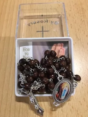 OUR LADY OF LOURDES Wood Rosary Beads Brown With Metal Crucifix And Prayer Card • £7.49