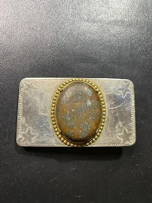 Vintage Engraved Nickel Silver Belt Buckle Agate? Cabochon Stone • $9.50