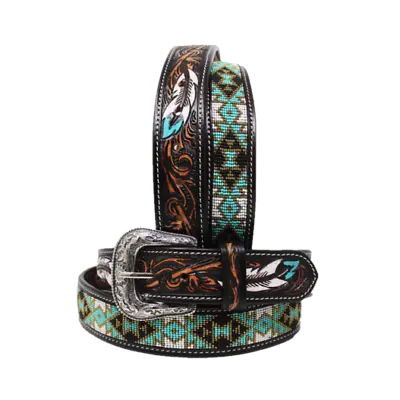 Challenger Men's Western Floral Tooled Turquoise Beaded Leather Belt 26FK60 • $64.95