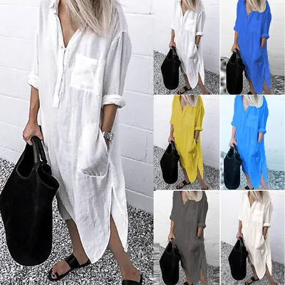 £15.19 • Buy Plus Size Womens Cotton Linen Shirt Dress Maxi Kaftan Casual Baggy Long Tops