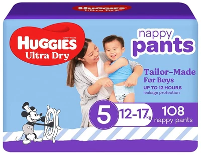 $250 • Buy Huggies Ultra Dry Nappy Pants Boy Size 5 (12-17kg) 108 Count