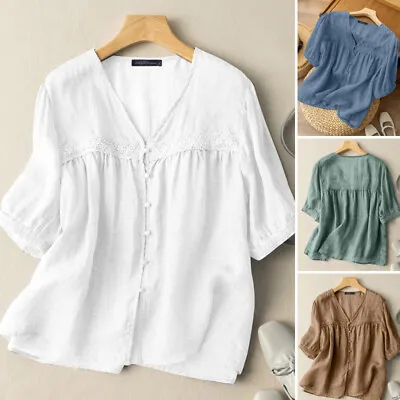 Women Puff Short Sleeve V Neck Shirt Tee Lace Patchwork Summer Loose Tops Blouse • $28.82