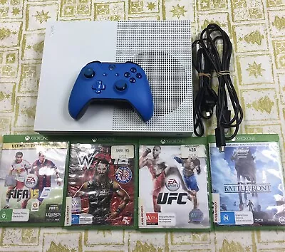 Microsoft Xbox One S 2TB White With Shock Blue Controller + 4 Games + Cords  • $239