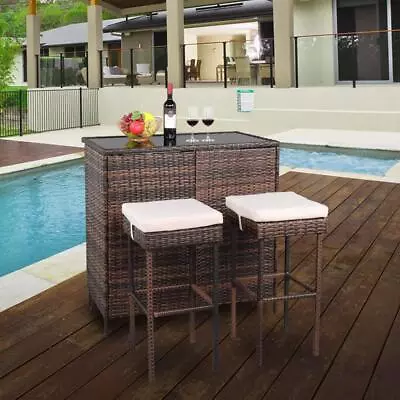 3 PCS Rattan Wicker Bar Set Patio Outdoor Table & 2 Stools Furniture Brown • $176.98