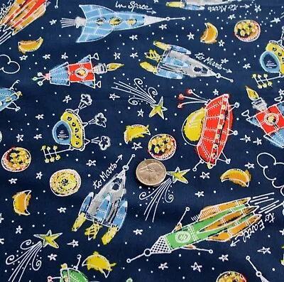 Spaceship UFO Mars Blue Cotton Fabric 1 1/2 Yards JoAnn Quilting Sewing Crafts • $19.99