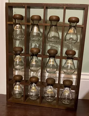 Vintage 1970s Wall Hanging Wooden Spice Rack With 12 Mushroom Shaped Glass Jars • $114.98