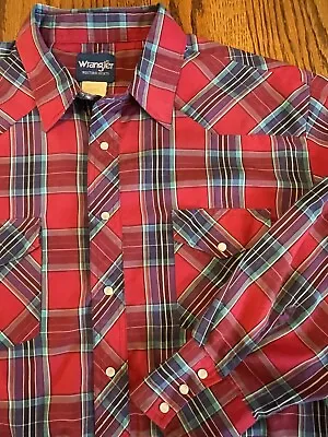 Vintage Wrangler Red Plaid Pearl Snap Shirt Western Long Sleeve Mens Sz 2XL • $9.99