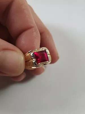 Men’s Ruby Ring Lab-created Ruby Solid 18k+ Yellow Gold EstateVintage Antique • $1774.10