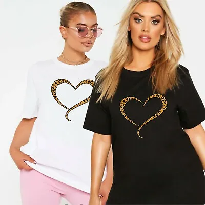 £8.99 • Buy Ladies Oversized Leopard Print Heart T-Shirt Womens Summer Top Plus Size