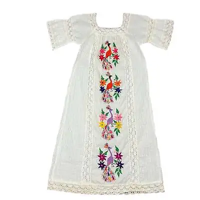 Vintage 70s Hand Embroidered Mexican Tunic Maxi Dress Size Medium • $55