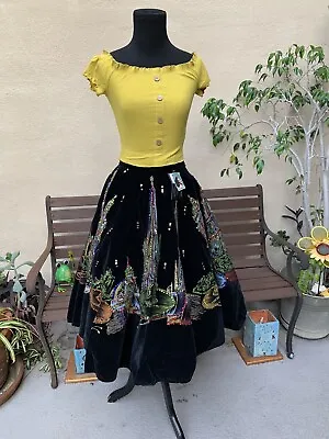 1950s Hand Painted Novelty Velvet Mexican  Cathedral Souvenir Sequined Skirt • $350