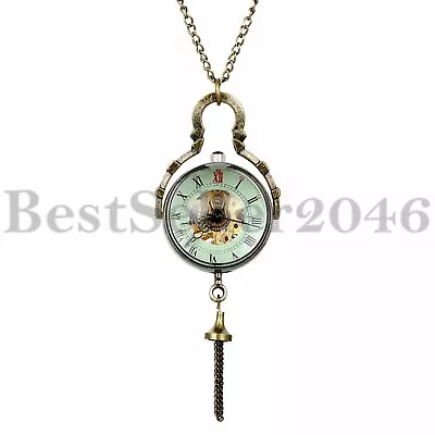 Roman Numeral Glass Mechanical Skeleton Windup Pocket Watches Pendant Necklace • $19.99