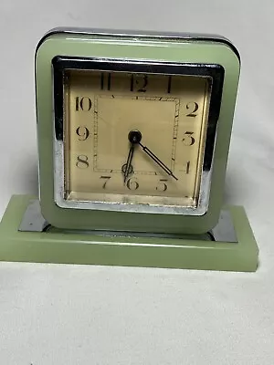 Vintage Green Silver Art Deco Style Uranium Glass Mantel Clock 4 1/2  X 5 1/2  • $99.95