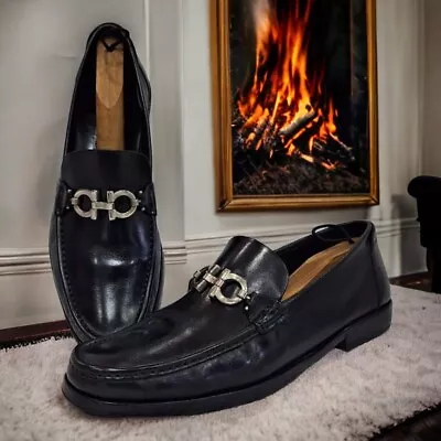 Salvatore Ferragamo Men Shoes Black Leather Logo Bucket Loafers Size 11 Ee Us • $285