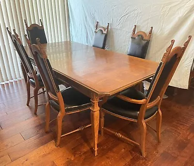 Vtg Wooden Dining Table Set 6 Chairs Mid Century Medieval Style • $550