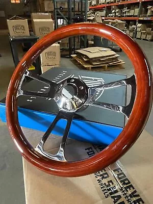 15 Inch Chrome Aftermarket Steering With Dark Wood Mahogany Grip 3-Spoke • $151.99