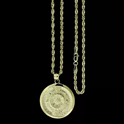 Real 10K Solid Yellow Gold Aztec Mayan Sun Calendar Pendant & 2.5mm Rope Chain • $289.99