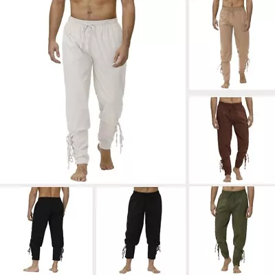 Mens Lace Up Pants Plain Trousers Drama Theatre Costume Loose Medieval Horseman • £25.68