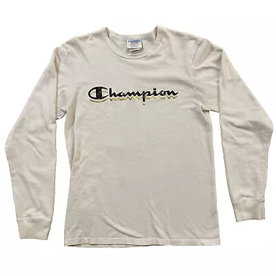 Vintage Champion Shirt Men's Medium Spell Out Long Sleeve Cotton White • $0.99