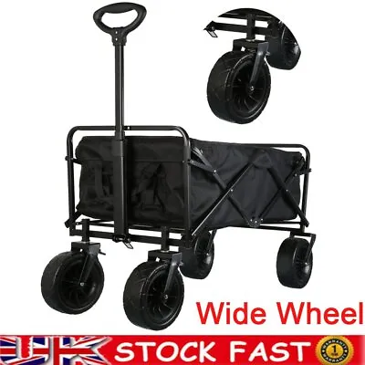Black Wide Wheel Heavy Duty Foldable Garden Trolley Cart Wagon Truck Wheelbarrow • £57.99