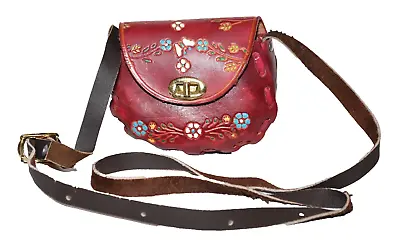 Mexican Burgundy Stiff Leather Embossed Flowers Laced Edges Crossbody Bag NWOT • $19.99