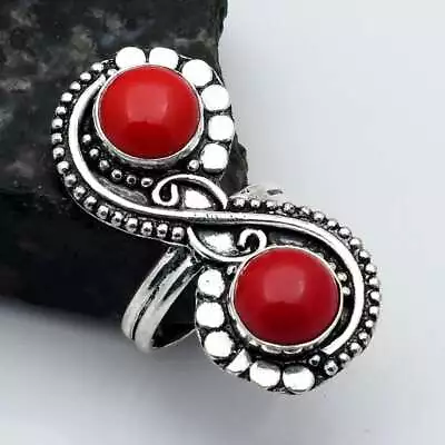 Coral Gemstone Ethnic Handmade Gift Ring Jewelry US Size-8.25 AR 20029 • $2.99