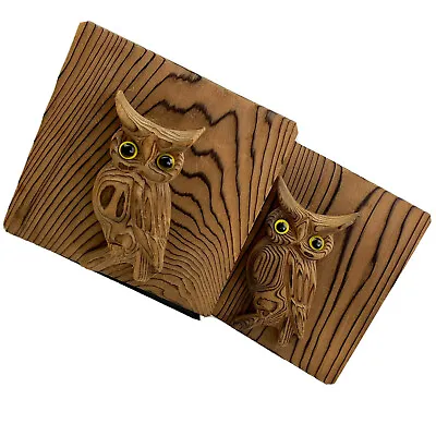 Vintage  1970's Cryptomeria Wood Owl Bookends Groovy Boho Yellow Eyes • £16.38