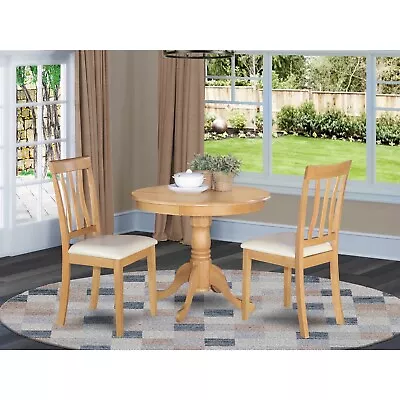 Kitchen Table Set - Table And 2 Dining Chairs Oak 3 Round Leather Seat • $317.16