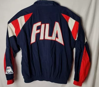 Fila Mens Blue White Vintage 90's Spell Out Big Logo Jacket Size L • $63.20