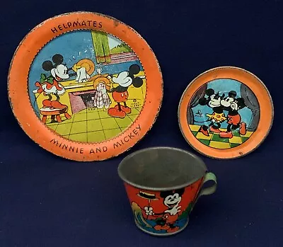 Vintage MICKEY MOUSE Tin Play Tea Set OHIO ART - Plate Cup Saucer LITHO Disney • $24.95