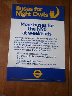 London Transport Timetable Panel Poster-More Weekend Buses Night Route N90 • £1.50