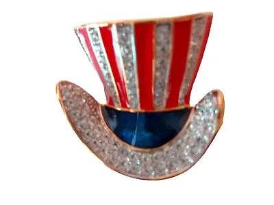 Vintage KJL Kenneth Lane Uncle Sam Hat Pin Brooch Rhinestone Enamel Pouch/Box • $65