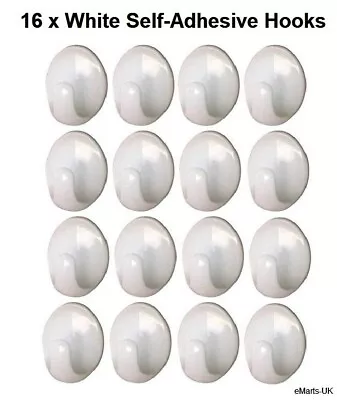 16 SELF ADHESIVE WALL HOOKS White Sticky Coat Robe Peg Hanger Wall Oval Hooks UK • £2.69