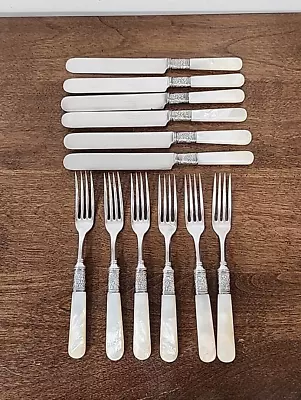 Wyeth's Warranteed Cutlery Mother Of Pearl Sterling Band Knife - Fork Set Of 12 • $112.50