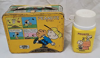 1965 Peanuts Yellow Metal Lunchbox Plastic Thermos Rare Vintage • $31.55