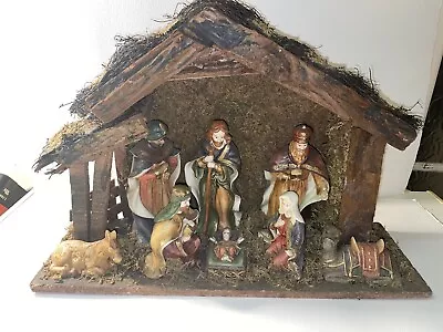 Vintage Nativity Scene 12” X 19” 8 Figures Wooden Stable • £45