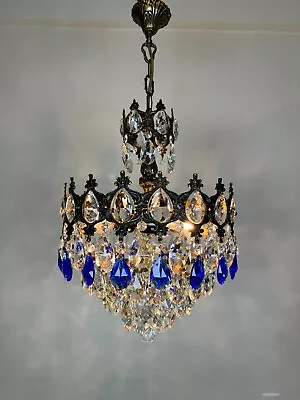 Antique Vintage French Blue Crystals Chandelier Lighting Ceiling Lamp 1960's • $425