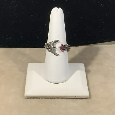 Sterling Silver Celestial Moon & Stars Ring With Red Star Embellishment • $14.95