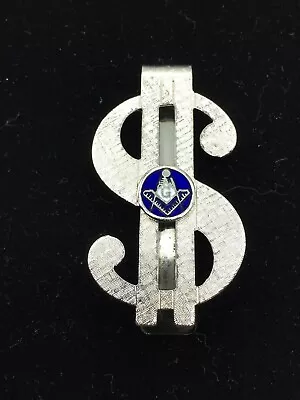 Masonic Silver Tone Textured Dollar Sign Blue Enamel Money Clip Holder • $12.95