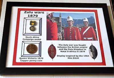 A4 Framed RORKES DRIFT Natal 1879 Display  + 1879 QV 1 Penny + Medal + ZULU DVD • £34.99