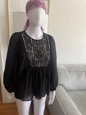 Zara Black Beaded Sequin Boho Flowy Tunic Blouse Size L • $39