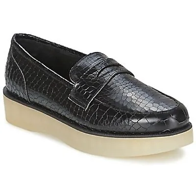 F-TROUPE Penny Loafer Black Crocodile Embossed Platform Natural Rubber Sole Shoe • $99