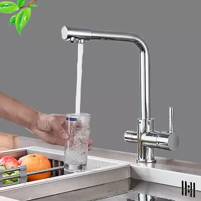 3 Way Water Filter Tap Kitchen Drinking Taps Sink Mixer Swivel Spout 2 Handles • £45