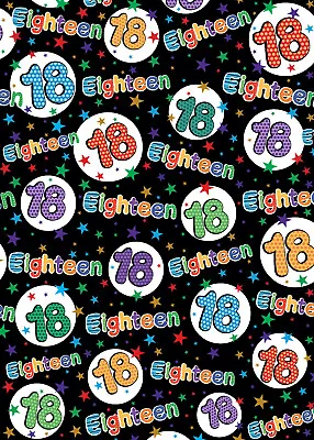 2 Sheets 18th Birthday Wrapping Paper 18 Giftwrap Unisex Black Multi (EX-W45) • £2.49