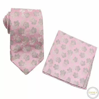 Condotti Pink Grey 100% Silk Floral Self-Tipped 7-Fold Tie + Pocket Square Set • $99.99