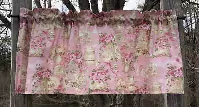 Shabby Chic Pink Roses Valance Tea Hostess Vintage Floral Window Curtain Topper • $18.99