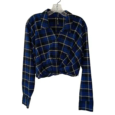 ZARA Blue + Black Plaid Long Sleeve Crop Length Button-Up Flannel Shirt Size Lar • $19.49