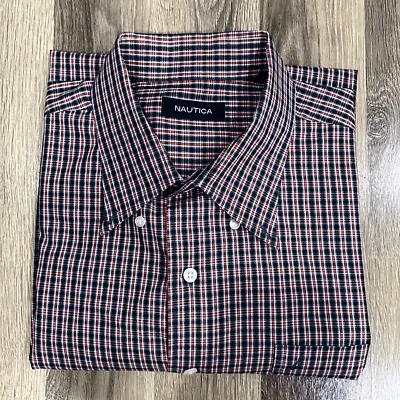 Nautica Men’s Red/Navy Plaid Long Sleeve Button Down Shirt- Size 17.5 34/35 (XL) • $8.61