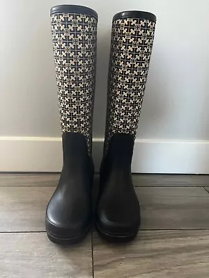 Tory Burch Womens Jacquard Signature Tall Black Rainboots Euc 6 • $79.99