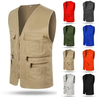 £11.66 • Buy Men Multi Pocket Utility Cargo Waistcoat Fishing Travelling Working Clothes Tops